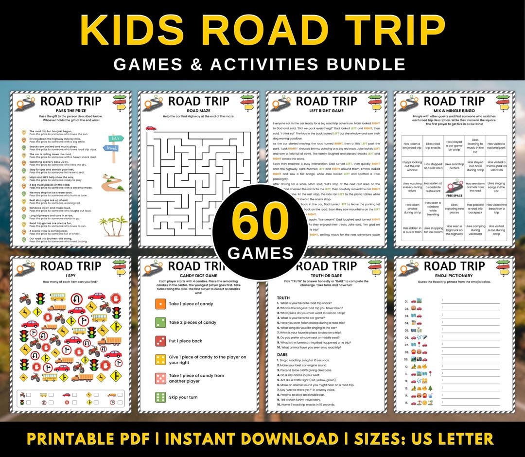 Kids Road Trip Games Printable, Family Road Trip Activities Bundle