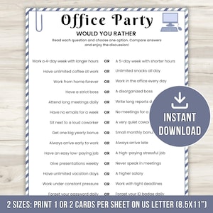 Könnte beinhalten: Ein druckbares "Office Party Would You Rather" Spiel auf US Letter Papier (21,6 x 27,9 cm). Das Spiel enthält arbeitsbezogene Fragen zur Diskussion. Enthält den Text "Sofort-Download" und Druckanweisungen.