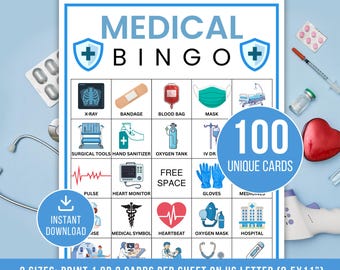 Medical Bingo, 100 Medical Bingo Cards, Medical Bingo Game, Doctor Bingo, Nurse Bingo, Nurse Graduation Party, Nurse Retirement, Doctor Game