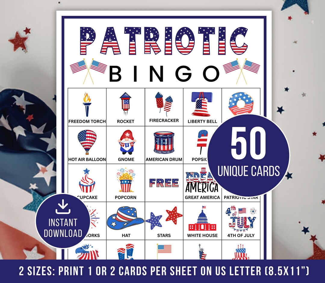Patriotic Bingo, 50 Patriotic Bingo Cards, Printable Party Games, 4th ...
