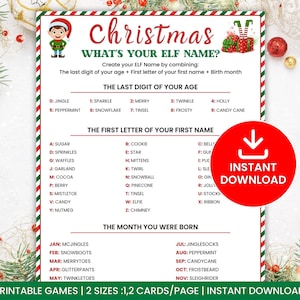 Könnte beinhalten: Ein weihnachtliches, ausdruckbares Spielblatt mit dem Titel What's Your Elf Name? und einem rot-grün gestreiften Rand. Das Dokument enthält Anweisungen zur Kombination von Alter, Name und Geburtsmonat, um einen Elfen-Namen zu erstellen.
