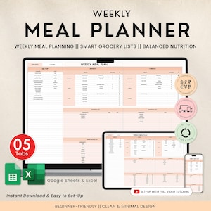 May include: Digital meal planner displayed on a tablet, phone, and computer screen. The planner features a pink and white layout with sections for weekly meal planning, smart grocery lists, and balanced nutrition. The image includes the text "WEEKLY MEAL PLANNER".