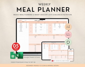 Wöchentlicher Essensplaner Tabelle Google Sheets Excel Rezept Journal Kalorie Tracker Automatisierte Einkaufsliste Digitaler Essensplaner