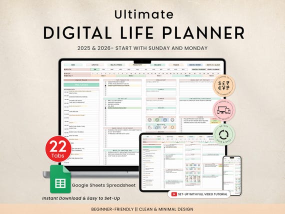 Digital Life Planner Spreadsheet Budget Tracker Template Task To Do List Habit Productivity Goal Daily Planner Digital Calendar 2025, 2026