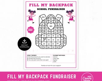 Fill My Backpack Fundraiser Template, Color My Backpack Fundraising Poster, Back to School, Color My Bag Charity Fundraiser Printable PDF