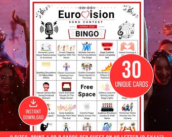 Eurovision 2026 Bingo Game, Eurovision Song Contest Party Game, 30 Unique Cards, Watch Party Bingo Games, PDF Download