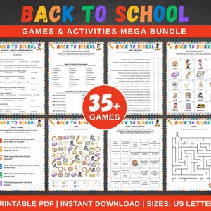 May include: A colorful Back to School games and activities mega bundle. The image features printable PDF games, including scavenger hunts, mazes, and true or false quizzes. The bundle includes over 35 games, perfect for classroom or home use.