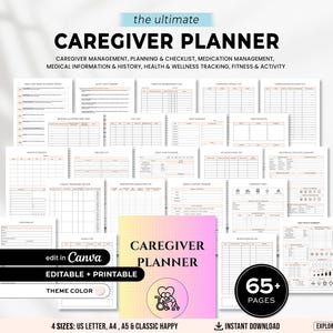 Puede incluir: Un planificador de cuidadores con más de 65 páginas, con secciones para gestión, planificación, medicación, historial médico y seguimiento del bienestar. El planificador es editable e imprimible.