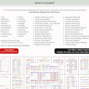 Printable ADHD cleaning checklist and chore chart bundle in Canva, simple and minimal layout for home organization