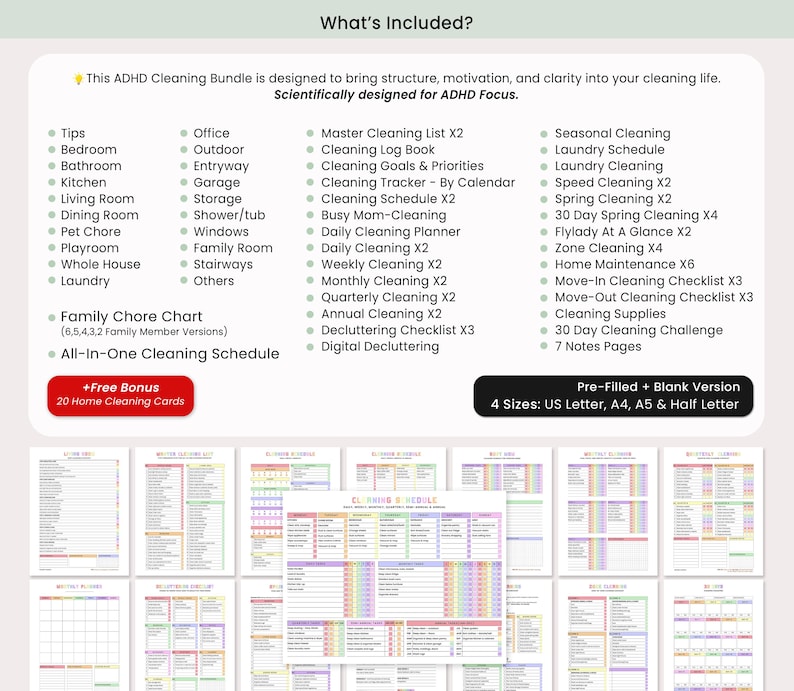 Printable ADHD cleaning checklist and chore chart bundle in Canva, simple and minimal layout for home organization