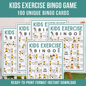 Kids Exercise Bingo, Exercise Bingo Cards, Printable Fitness Bingo Game, Kids Indoor Recess Activity, Classroom Bingo game, Instant Download