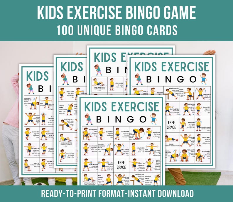 Kids Exercise Bingo, Exercise Bingo Cards, Printable Fitness Bingo Game, Kids Indoor Recess Activity, Classroom Bingo game, Instant Download