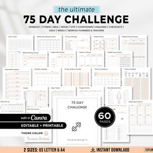 Op de afbeelding: Een verzameling afdrukbare plannerpagina's voor een 75-daagse uitdaging, inclusief workout-, maaltijd- en stemmings trackers. Het ontwerp is in een neutraal kleurenpalet met de tekst "75 DAY CHALLENGE" en "60 PAGES".