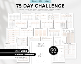 Bewerkbare 75 dagen uitdaging planner, afdrukbare 75 zachte uitdaging sjabloon, 75 medium tracker, dagboek voor gewichtsverlies, planner fitnesstraining
