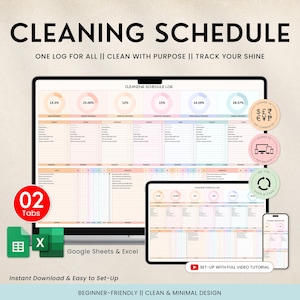 May include: A digital cleaning schedule displayed on a computer monitor, tablet, and smartphone. The text "CLEANING SCHEDULE" is at the top. The image includes colorful charts and the text "ONE LOG FOR ALL || CLEAN WITH PURPOSE || TRACK YOUR SHINE".