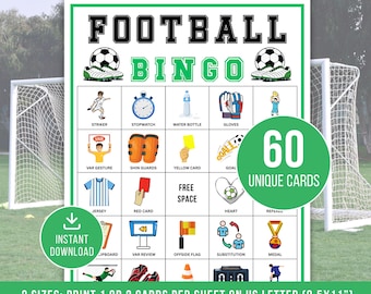 Voetbalbingo, 60 afdrukbare voetbalbingokaarten, voetbalbingogames, voetbalfeestspel, voetbalactiviteit, klasbingospel voor kinderen