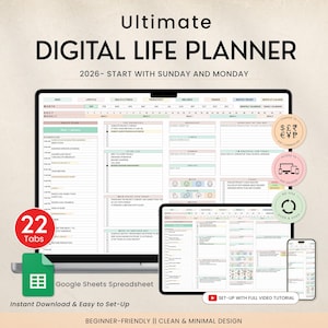 Planificateur de vie numérique, feuille de calcul, modèle de suivi du budget, liste des tâches, habitude, objectif de productivité, agenda quotidien, calendrier numérique 2025, 2026