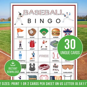 May include: Baseball Bingo game card with illustrations of baseball-related items like a glove, jersey, and baseball. The card includes the text "Baseball Bingo" and "30 Unique Cards". The card is available for instant download.