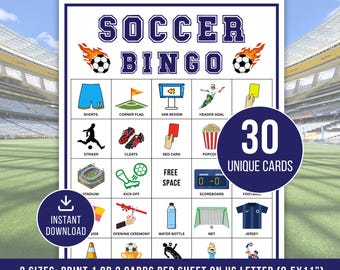 Voetbalbingogames, 30 voetbalbingokaarten, afdrukbare voetbalbingo, voetbalfeestspel, voetbalactiviteit, bingospel voor kinderen, pdf