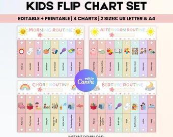 Afdrukbare flip-over voor kinderen, bewerkbare flip-over 's ochtends en' s avonds voor het slapengaan, visueel schema voor kinderen, takenlijst voor peuters Canva-sjabloon pdf