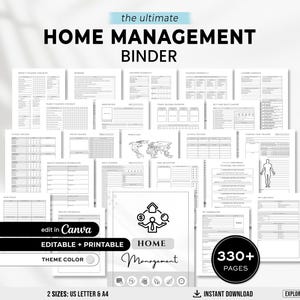 May include: A home management binder in black and white, featuring the text "the ultimate HOME MANAGEMENT BINDER". The binder includes editable and printable pages, with a theme colour option. Available in US Letter and A4 sizes, with over 330 pages.