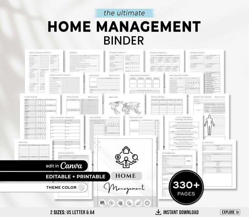 Home Management Binder, Cleaning Schedule, ADHD Planner Printable, Life Binder, Editable Cleaning Checklist, Emergency Household Planner