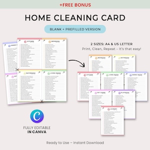 May include: Home cleaning card with blank and prefilled versions. The cards are organized by room, including kitchen, bedroom, bathroom, and living room. The text on the card says "Print, Clean, Repeat - It's that easy!" and "Fully editable in Canva."