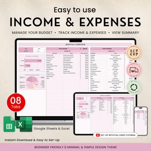 May include: A digital income and expenses spreadsheet displayed on a computer, tablet, and phone. The spreadsheet is pink and white, with charts and tables. The image includes the text "Easy to use INCOME & EXPENSES" and "Manage your budget".