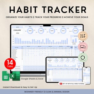 以下が含まれることがあります： コンピューターモニター、タブレット、スマートフォンに表示されるデジタル習慣トラッカー。「HABIT TRACKER」の文字とグラフが含まれています。追加のテキストには、「習慣を整理する」、「進捗状況を追跡する」、「目標を達成する」が含まれています。