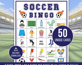 Voetbalbingogames, 50 voetbalbingokaarten, afdrukbare voetbalbingo, voetbalfeestspel, voetbalactiviteit, bingospel voor kinderen, pdf