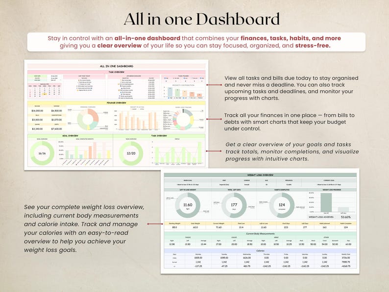 ADHD Productivity and Goal Planner
Achieve focus and manage daily priorities with this ADHD Productivity and Goal Planner. Includes a goal tracker, to-do list, and calendar spreadsheet. Ideal for those with ADHD who need a clear, simple digital system to stay motivated and consistent.