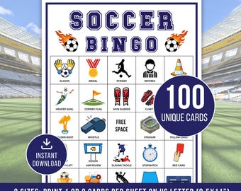Voetbalbingogames, 100 voetbalbingokaarten, afdrukbare voetbalbingo, voetbalfeestspel, voetbalactiviteit, bingospel voor kinderen, pdf