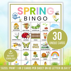 以下が含まれることがあります： カラフルな春のビンゴゲームカード。水やり缶、キノコ、てんとう虫、虹など、春をテーマにした様々なイラストが描かれています。「SPRING BINGO」と「30 UNIQUE CARDS」の文字が表示されています。