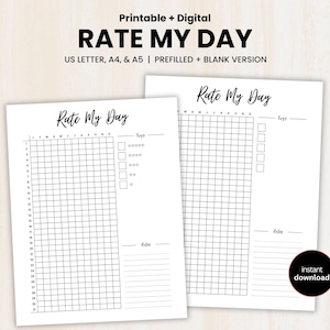Op de afbeelding: Twee witte, bedrukbare "Rate My Day" plannerpagina's. De pagina's hebben een raster voor dagelijkse beoordelingen, een sleutel voor markering en ruimte voor notities. De bovenste tekst luidt "Printable + Digital RATE MY DAY". Verkrijgbaar in US Letter, A4 en A5 formaten.