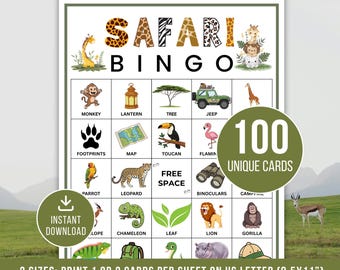 Safari Bingo Game, 100 Printable Safari bingo Cards, Safari bingo, Jungle Party Game, Fun Safari games for Kids, Animal Birthday Activity