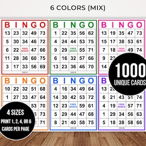 May include: A set of six bingo cards with red, green, pink, orange, blue, and purple borders. Each card features a 5x5 grid with numbers and a center free space. Text includes 6 COLORS (MIX), 1000 UNIQUE CARDS, and 4 SIZES PRINT 1, 2, 4, OR 6 CARDS PER PAGE.