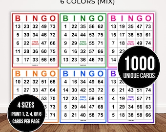 1000 Jumbo Printable Bingo Cards, Print 1, 2, 4 or 6 Per Page Party Game, Colorful Bingo Set, Kids Printable Bingo Game,PDF Digital Download