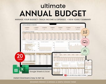 Ultimate Annual Budget Spreadsheet Excel Google Sheets, Budget Planner, Budget Template, Yearly Budget, Budget Tracker, Personal Budget