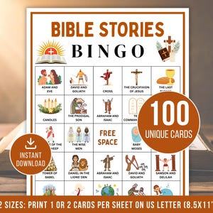以下が含まれることがあります： 「Bible Stories Bingo」というタイトルのビンゴゲームカード。聖書のシーンのイラストが描かれています。カードには「100 Unique Cards」と「Instant Download」の文字が含まれています。カードはUS Letter（8.5x11インチ）の用紙に印刷するように設計されています。