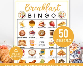 Breakfast Bingo, 50 Breakfast Bingo Cards, Printable Breakfast Bingo Game, Breakfast Game, Breakfast Activity, Breakfast Party Game, PDF