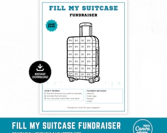Fill my suitcase fundraiser, Suitcase fundraiser, Church Mission Trip Travel Fundraising, Club Fundraiser Editable Canva Template