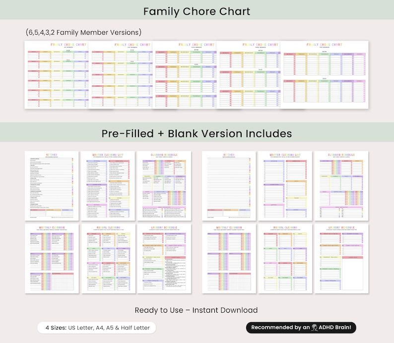 ADHD cleaning routine planner pages with visual layout, priority tasks and easy checklist format