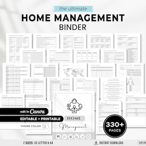 以下が含まれることがあります： 「the ultimate HOME MANAGEMENT BINDER」のテキストが上部にあるホームマネジメントバインダー。バインダーには、組織化のためのさまざまな印刷可能なページが含まれており、「EDITABLE + PRINTABLE」と「330+ PAGES」のテキストがあります。USレターとA4サイズで利用できます。