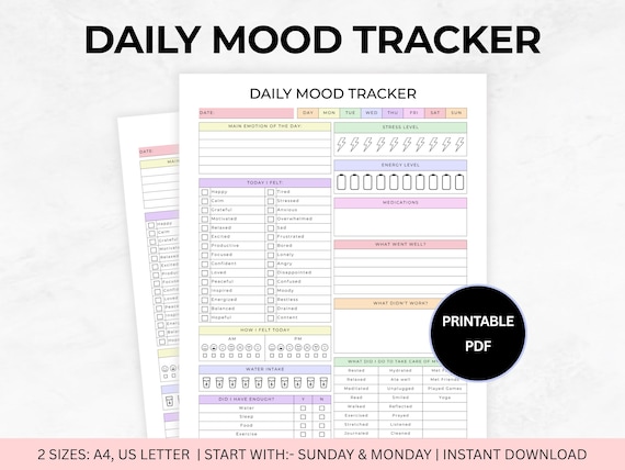 Daily Mood Tracker Simple, Printable Mood Track, Emotion tracker, Mood Journal, Mental health tracker, Anxiety Tracker, Instant Download PDF