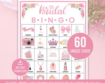 Bridal Bingo Game, 60 Bridal Shower Bingo Cards, Bridal Shower Game, Bachelorette Party Game, Bridal Hen Party Bingo, Instant Download