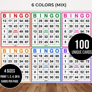 100 unika bingobrickor, färgglatt bingosete, skriv ut 1, 2, 4 eller 6 per sida, festspel, klassrumsaktivitet, roligt festspel, PDF-nedladdning