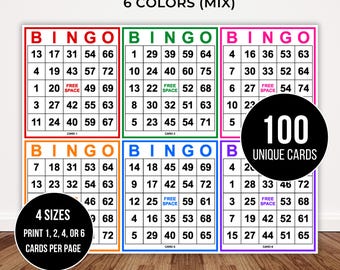 May include: Six bingo cards arranged in a grid, each with a different coloured border and header text. The cards feature a five-by-five grid of numbers and a central free space. Text overlays state 6 COLORS (MIX), 100 UNIQUE CARDS, and 4 SIZES PRINT 1, 2, 4, OR 6 CARDS PER PAGE.