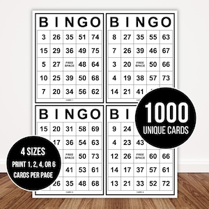 May include: A white bingo game set with four cards displayed, each with a grid of numbers. The word "BINGO" is at the top of each card. Two black circles display the text "1000 UNIQUE CARDS" and "4 SIZES PRINT 1, 2, 4, OR 6 CARDS PER PAGE".