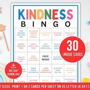 Pode incluir: Um tabuleiro de jogo "Kindness Bingo" colorido com uma borda azul. O jogo inclui 30 cartas únicas e apresenta frases como "Ajudar alguém a encontrar o seu caminho". Inclui o texto "Download instantâneo".