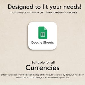 May include: The image features the Google Sheets logo, a green document icon with a white grid, on a white rounded square. Text above reads "Designed to fit your needs!" and "Compatible with Mac, PC, iPad, Tablets & Phones." Below, "Suitable for all Currencies."